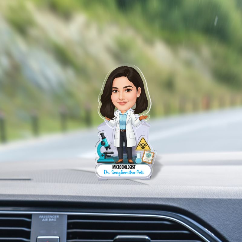 Personalized Microbiologist Female Scientist Caricature Tabletop Gift for Lab Professionals, Researchers & Clinical Labs Appreciation Gift for Doctor | Battery Powered Moving Head